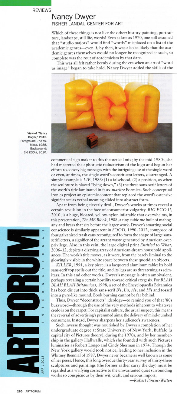 The New York Times, Art in review, Nancy Dwyer: 'Painting and Sculpture, 1982-2012'