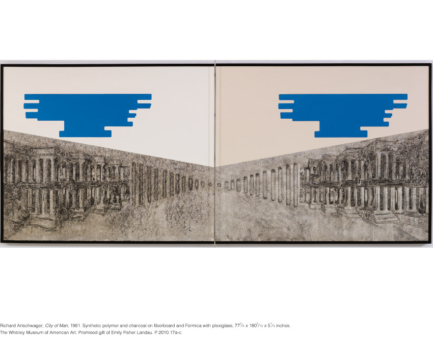 ﻿Richard Artschwager, City of Man, 1981. Synthetic polymer and charcoal on fiberboard and Formica with plexiglass, 77 3⁄4 x 180 5⁄16 x 5 1⁄4 inches. The Whitney Museum of American Art. Promised gift of Emily Fisher Landau. P.2010.17a-c.