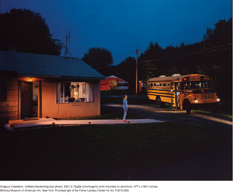 ﻿Gregory Crewdson, Untitled (beckoning bus driver), 2001-2. Digital chromogenic print mounted on aluminum, 47-9⁄16 x 59-1⁄2 inches. Whitney Museum of American Art, New York. Promised gift of the Fisher Landau Center for Art. P.2010.300.