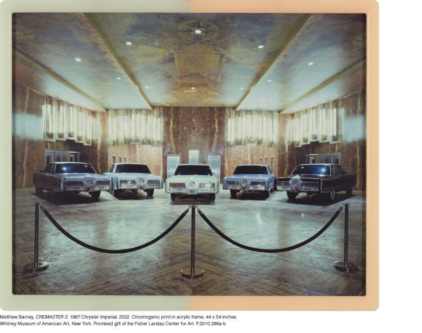 ﻿Matthew Barney, CREMASTER 3: 1967 Chrysler Imperial, 2002. Chromogenic print in acrylic frame, 44 x 54 inches. Whitney Museum of American Art, New York. Promised gift of the Fisher Landau Center for Art. P.2010.296a-b